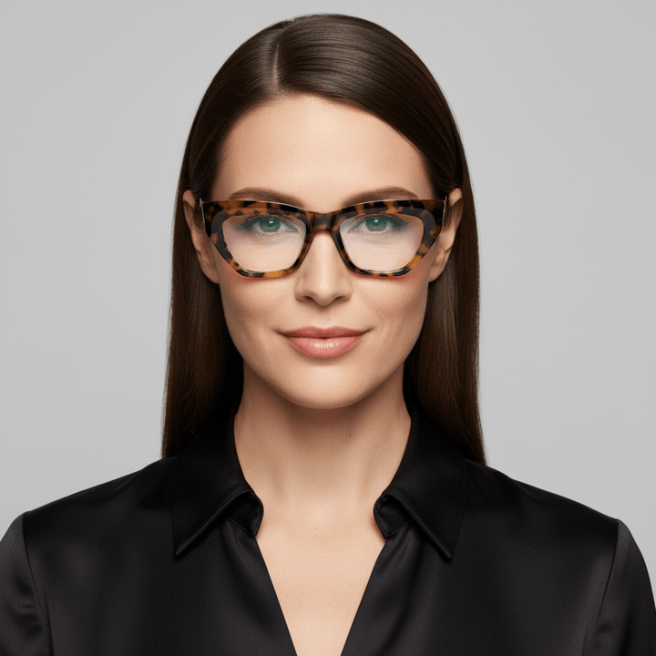 La front view a women cara ovalada and pelo castaño oscuro liso suelto wearing unos marcos frames optical bonoboss in sustainable acetate biodegradable and recycled de #color_carey