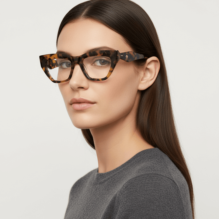 La side view a women cara ovalada and pelo castaño claro liso suelto wearing unos marcos frames optical bonoboss in sustainable acetate biodegradable and recycled de #color_carey