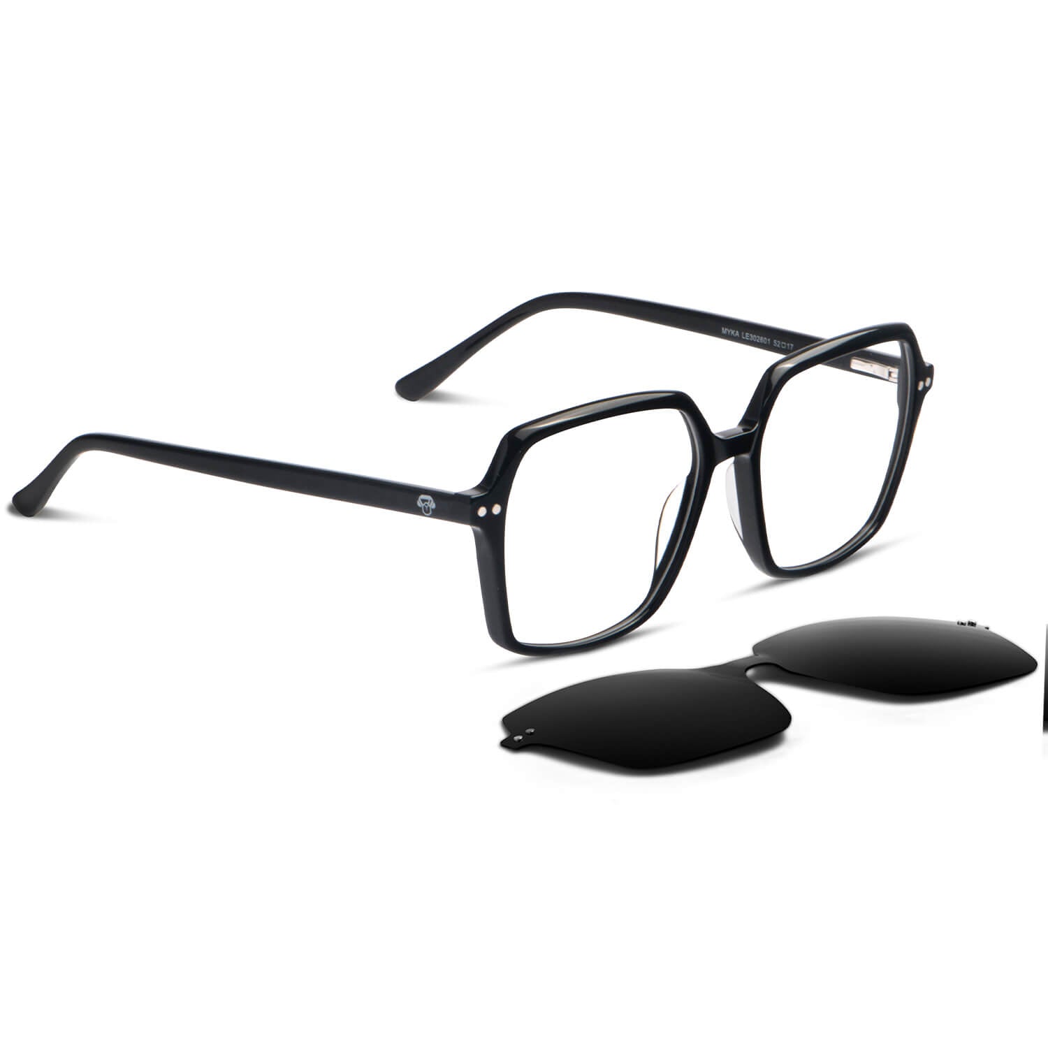 marcos opticos octagonales con sobre lente clip sol iman polarizado para hombre y mujer de color negro vista angulada #color_negro