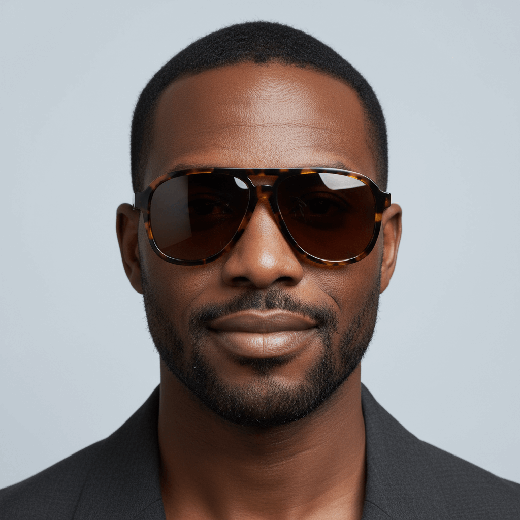 Un men round face wearing sunglasses aviador modelo orson bonoboss #color_carey