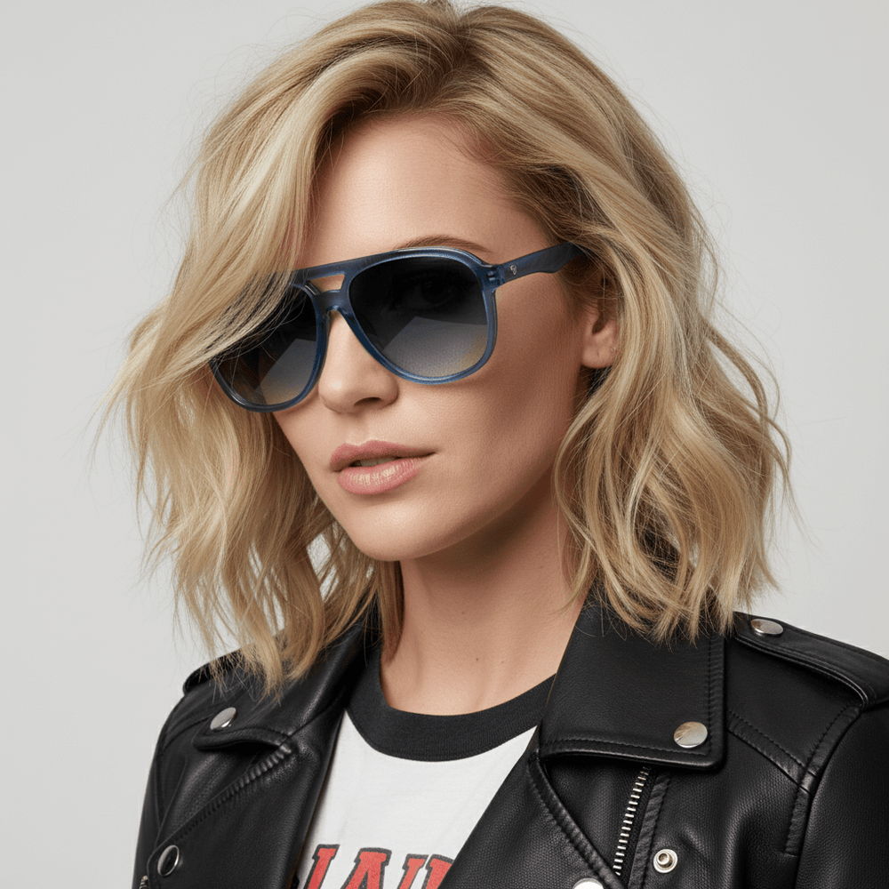 Una modelo women rubia in 45º wearing sunglasses bonoboss aviador retro vintage modelo orson #color_azul