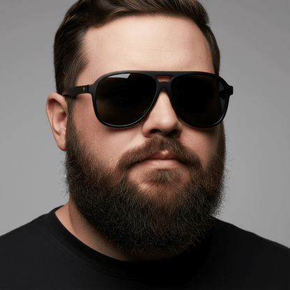 la vista frontal de un hombre grande con barba gordo de cara redonda usando lentes de sol polarizados bonoboss aviador modelo orson #color_negro