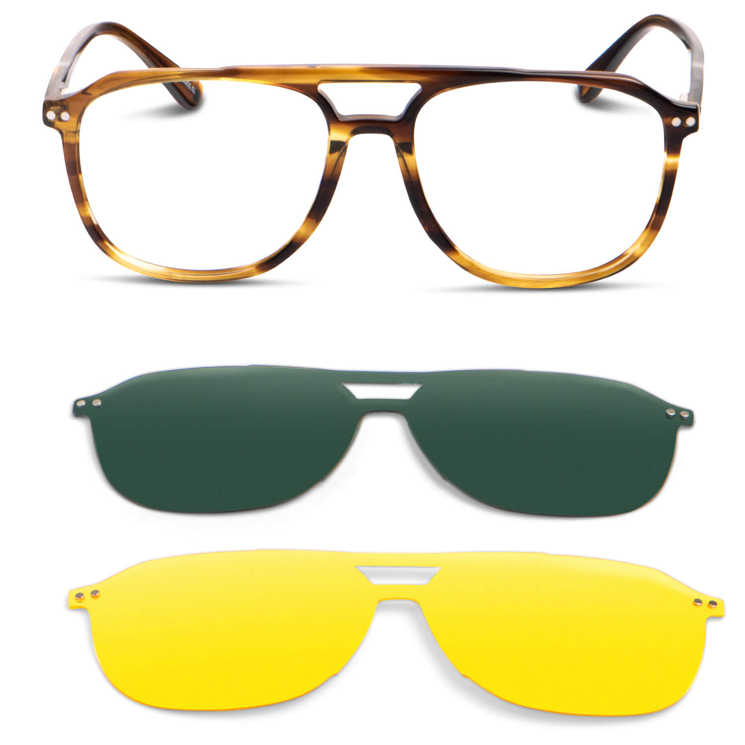 anteojos o marcos opticos ovalados carey sobre lente clip sol iman polarizado para hombre y mujer vista frontal #color_yellow