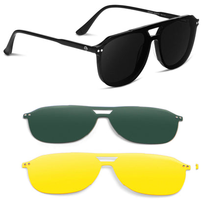 anteojos o marcos opticos ovalados negro sobre lente clip sol iman polarizado para hombre y mujer vista frontal  #color_negro