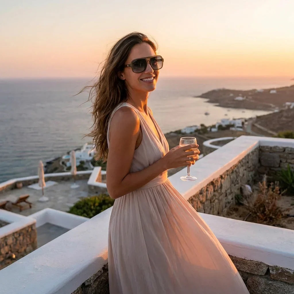 Mujer usando lentes sol Orson RPET reciclado polarizados olive blue playa arena proteccion solar UV Bonoboss #editorial_sustentabilidad #color_olive-blue