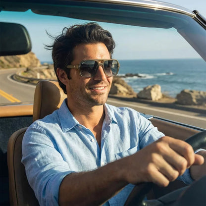 Hombre usando lentes sol Orson RPET reciclado polarizados olive blue conduciendo costa mejora contraste Bonoboss #editorial_detail1 #color_olive-blue