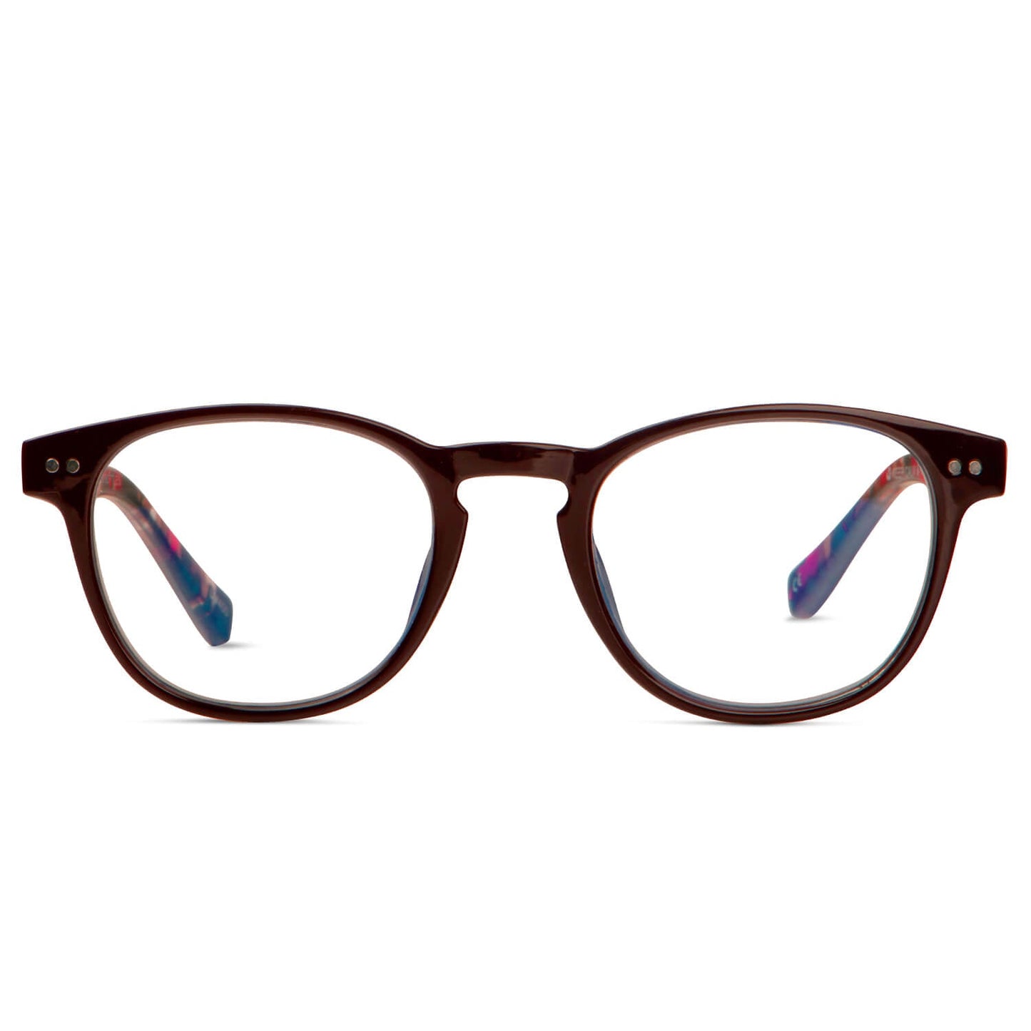 vista frontal de anteojos de lectura o presbicia con filtro de luz azul redondos de color burdeo para hombre y mujer