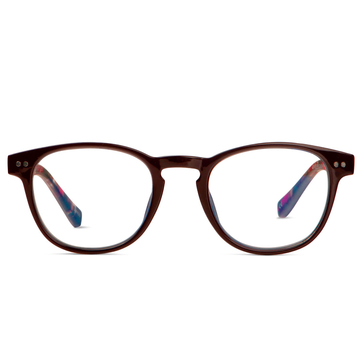 vista frontal de anteojos de lectura o presbicia con filtro de luz azul redondos de color burdeo para hombre y mujer