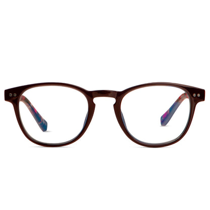 vista frontal de anteojos de lectura o presbicia con filtro de luz azul redondos de color burdeo para hombre y mujer