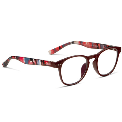 vista lateral o angulada de anteojos de lectura o presbicia de forma redonda para hombre y mujer de color rojo