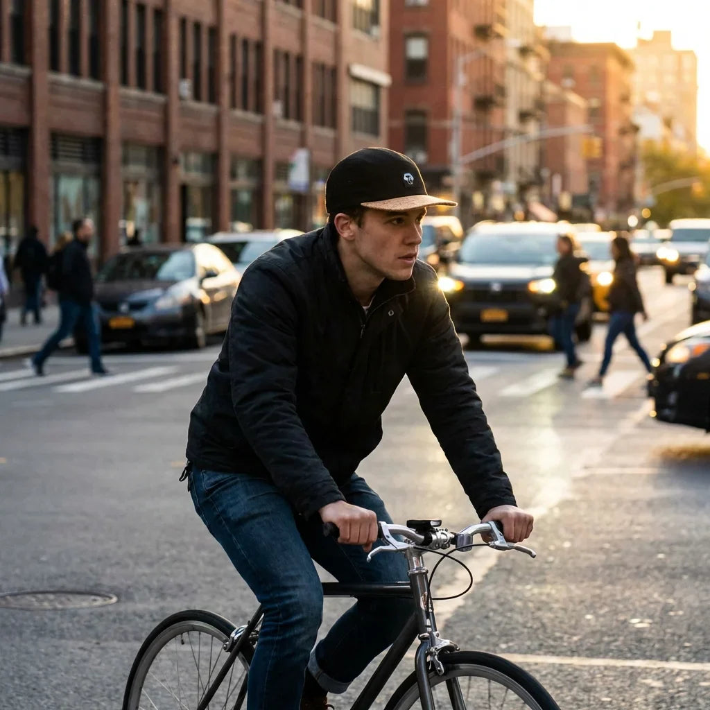 Gorro cork ecológico andando in bicicleta urbana bonoboss