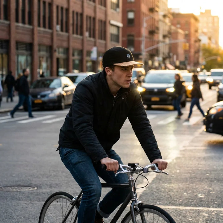 Gorro cork ecológico andando in bicicleta urbana bonoboss