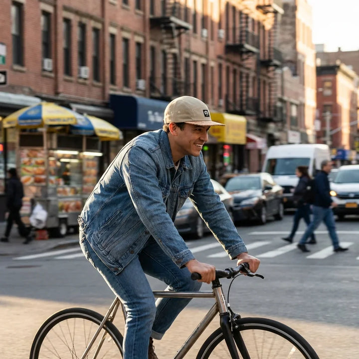 Gorro cork ecológico andando in bicicleta urbana bonoboss