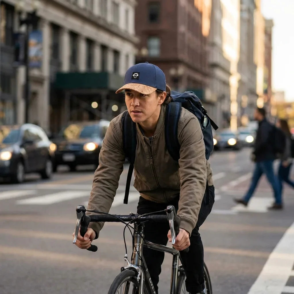 Gorro cork ecológico andando in bicicleta urbana bonoboss