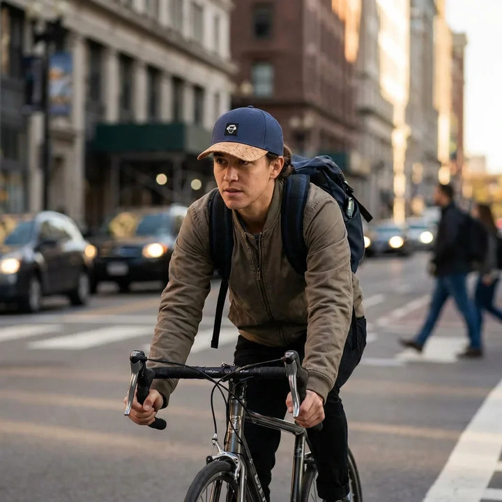 Gorro cork ecológico andando in bicicleta urbana bonoboss