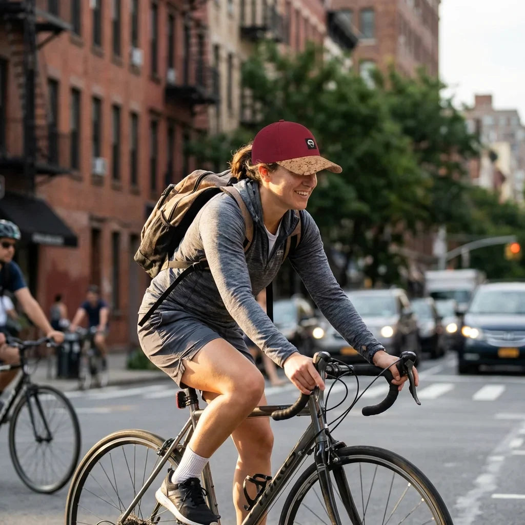 Gorro cork ecológico andando in bicicleta urbana bonoboss
