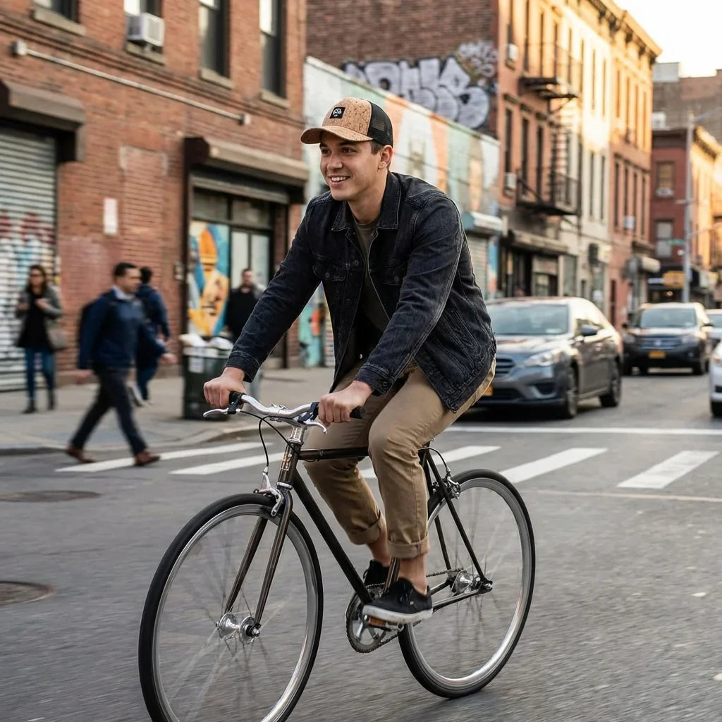 Gorro cork ecológico andando in bicicleta urbana bonoboss