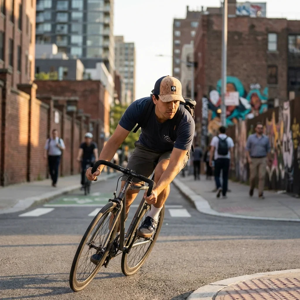 Gorro cork ecológico andando in bicicleta urbana bonoboss