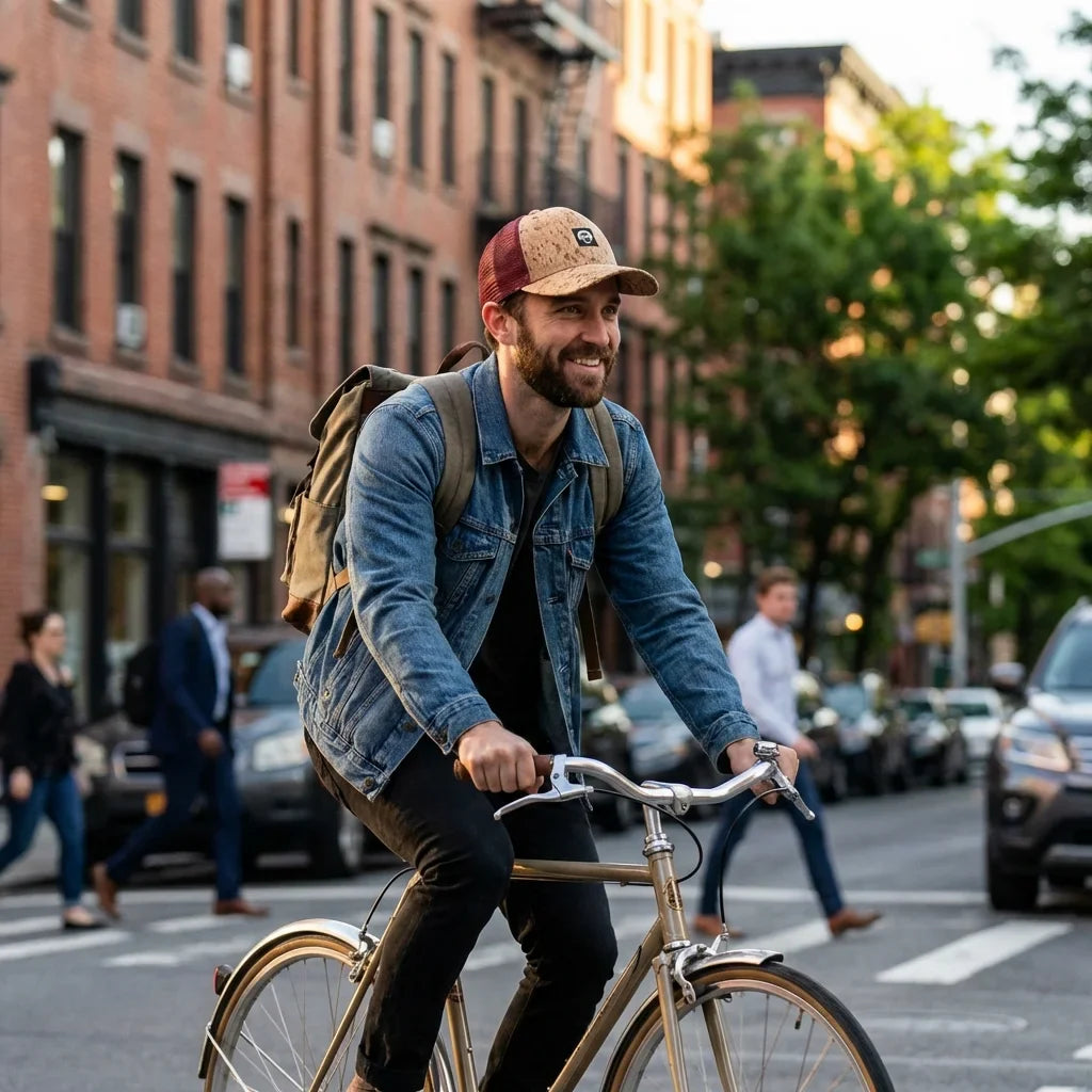 Gorro cork ecológico andando in bicicleta urbana bonoboss