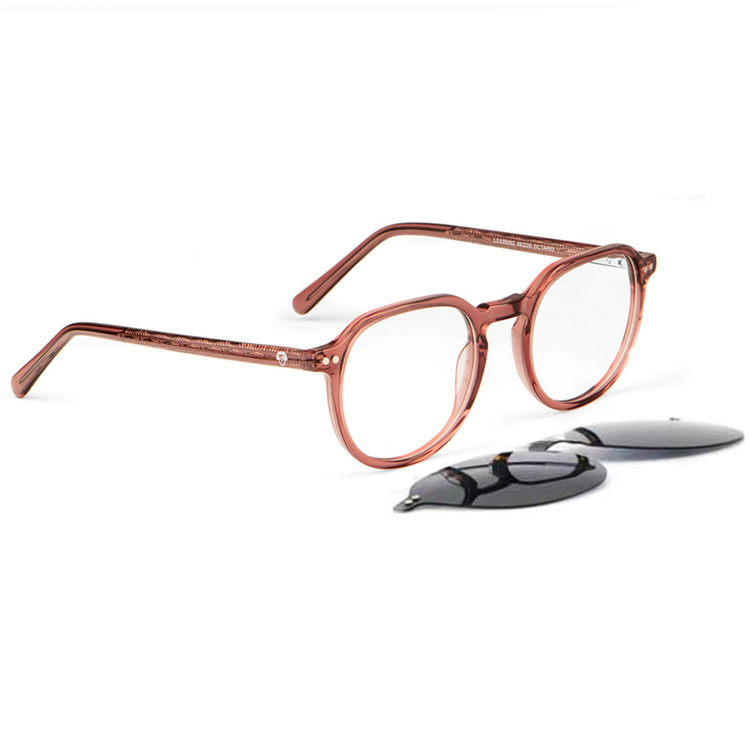 Eyeglasses or optical frames with iman or sun clip-on polarized forma octagonal or round for mens and womenes round face large. angled view and frames color damasco Bonoboss