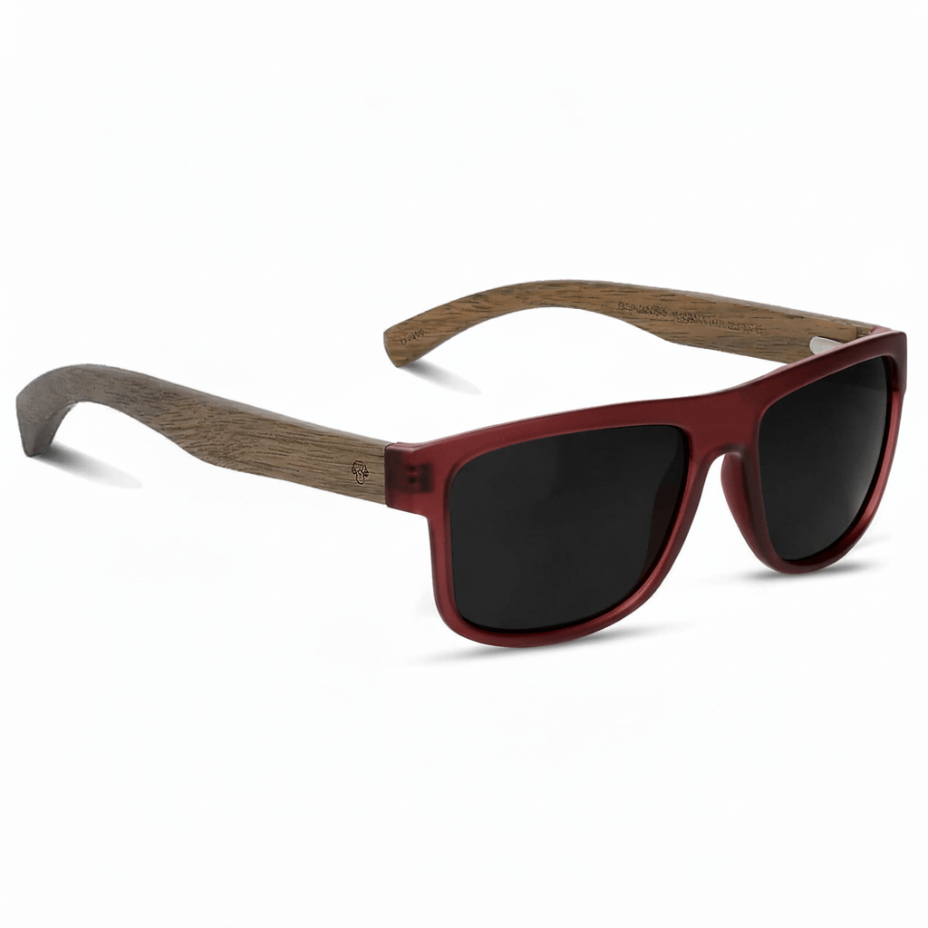 Eyeglasses gafa sun polarized sustainable eco-friendly recycled plastic bonoboss modelo aukan wine reds with lenses polarized black corporate gift ecologico moda foto angled #color_wine