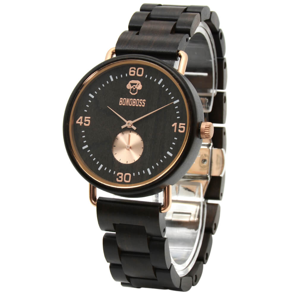 reloj de madera y acero inoxidable para hombre de color negro con punteros de color bronce.