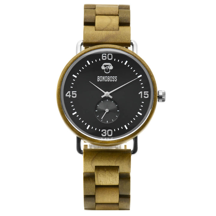 Reloj Matanzas de madera de olivo, foto de producto con estilo, estilo analógico minimalista, materiales sustentables