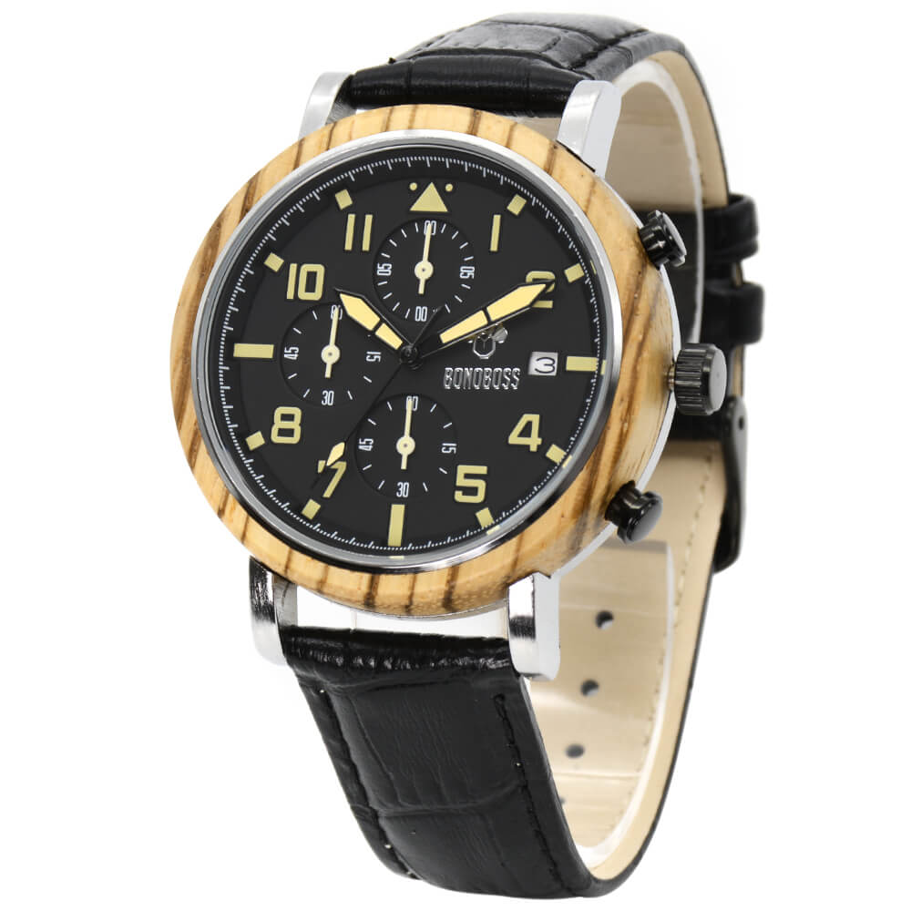 reloj cronógrafo para hombre con madera café que rodea a su caja de acero inoxidable café, la correa es de cuero color negro