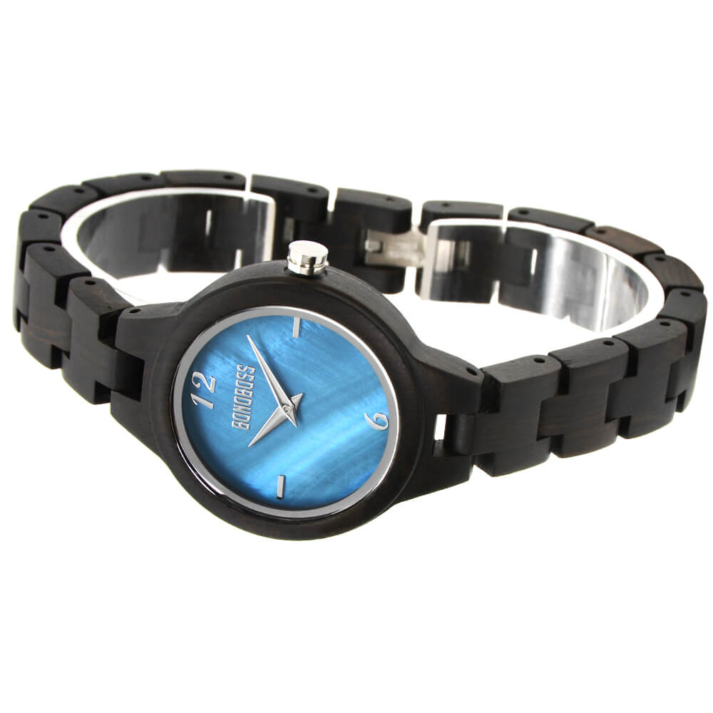 Reloj wooden for women in sandalo black and fondo nacar or concha mar natural Bonoboss