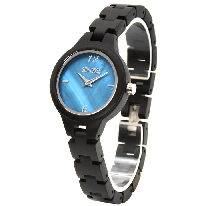 Reloj wooden for women in sandalo black and fondo nacar or concha mar natural Bonoboss