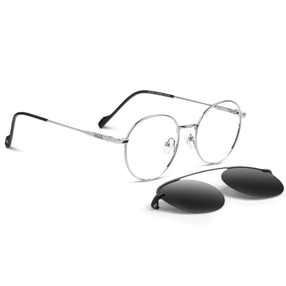 anteojos o marcos ópticos con iman o clip de sol polarizados de forma redondos para hombres y mujeres. Vista angulada y armazones de color plateados #color_silver