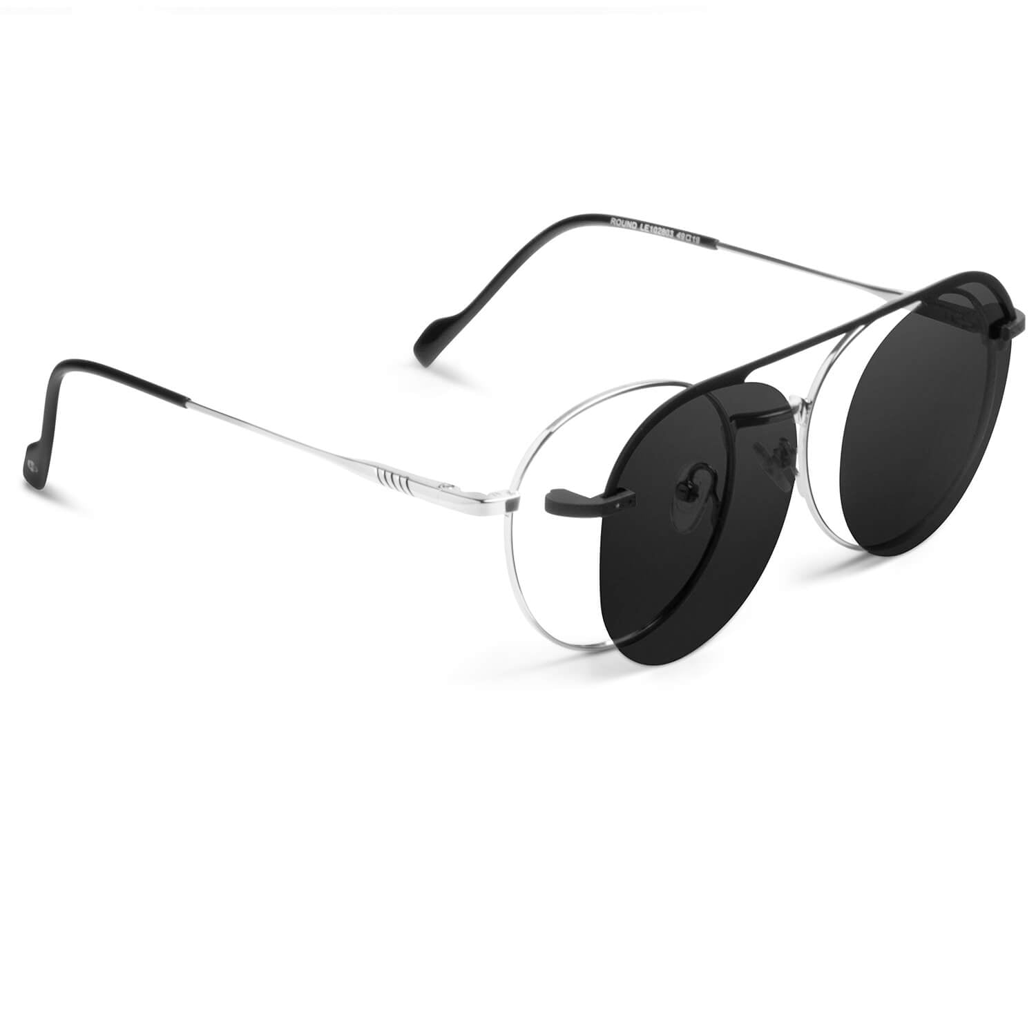 anteojos o marcos ópticos con iman o clip de sol polarizados de forma redondos para hombres y mujeres. Vista angulada y armazones de color plateado  #color_silver