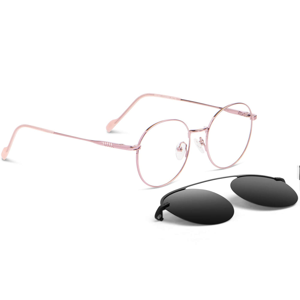 Eyeglasses or optical frames round pink with sobre lente sun clip-on iman polarized for men and women color barbie pink angled view Bonoboss #color_rosado
