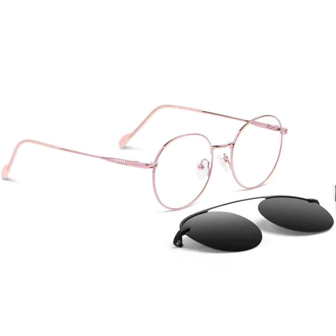 Eyeglasses or optical frames round pink with sobre lente sun clip-on iman polarized for men and women color barbie pink angled view Bonoboss #color_rosado