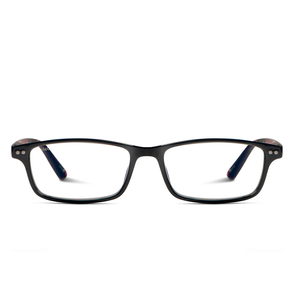 anteojos de lectura color negro y forma rectangular para hombre y mujer de cara redonda vista lateral o angulada