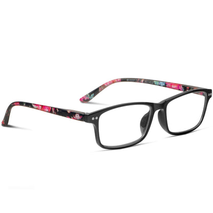anteojos de lectura color negro y forma rectangular para hombre y mujer de cara redonda vista lateral o angulada