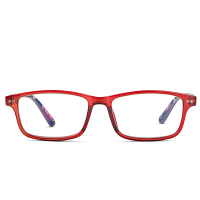 anteojos de lectura o presbicia de color rojo transparente y forma rectangular para hombre y mujer de cara redonda vista frontal