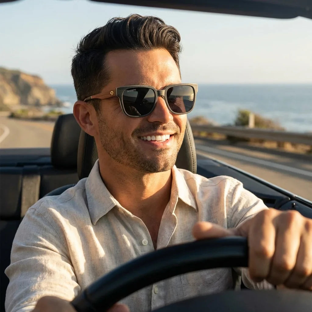 Men wearing lenses sun selkie boreal wood zebrawood polarized rosal driving sun protection UV400 bonoboss #editorial_detail1 #color_selkie-db-rosal