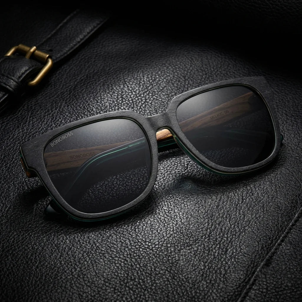 Lenses sun selkie boreal polarized UV400 wood zebrawood bio-acetate natural sobre cuero brass detalle premium bonoboss #editorial_polarizado #color_selkie-db-zebrano
