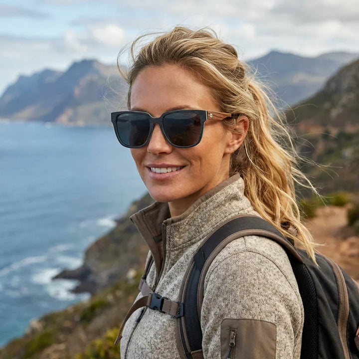 Women wearing lenses sun selkie boreal wood zebrawood polarized natural aventura naturaleza sendero outdoor bonoboss #editorial_sustentabilidad #color_selkie-db-zebrano