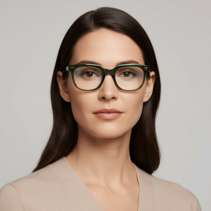 Front view a women cara ovalada and pelo liso color castaño wearing eyeglasses optical frames biodegradable the marca bonoboss in sustainable acetate recycled forma rectangular cuadrada and de #color_verde