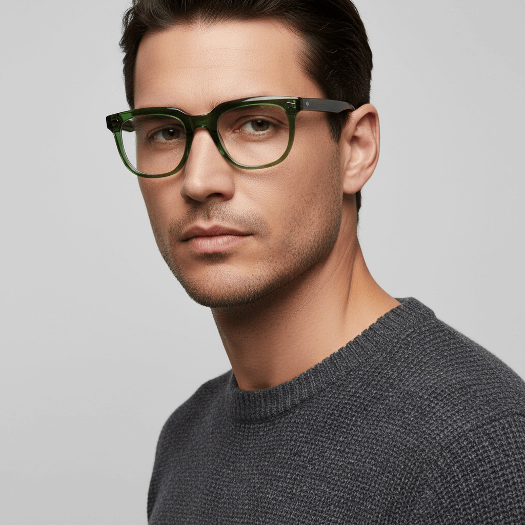 Side view a men wearing eyeglasses optical frames biodegradable the marca bonoboss in sustainable acetate recycled forma rectangular cuadrada and de #color_verde