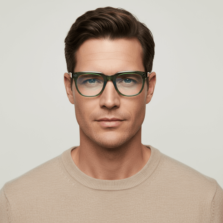 Front view a men sonriendo wearing eyeglasses optical frames biodegradable the marca bonoboss in sustainable acetate recycled forma rectangular cuadrada and de #color_verde
