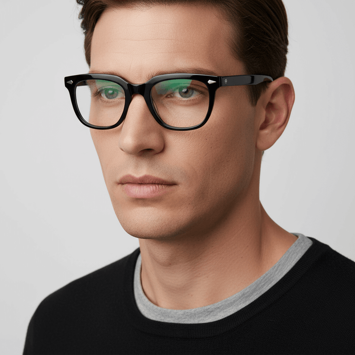 Side view a men wearing eyeglasses optical frames biodegradable the marca bonoboss in sustainable acetate recycled forma rectangular cuadrada and de #color_negro