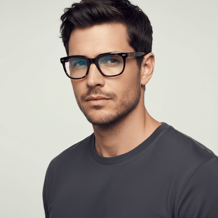 Side view a modelo men wearing eyeglasses optical frames biodegradable the marca bonoboss in sustainable acetate recycled forma rectangular cuadrada and de #color_carey