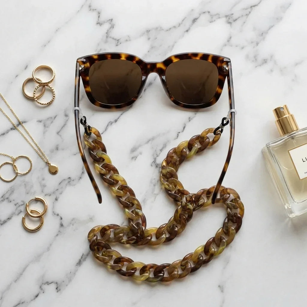 Cadena acetate recycled for lenses flat lay accesorios moda mármol bonoboss