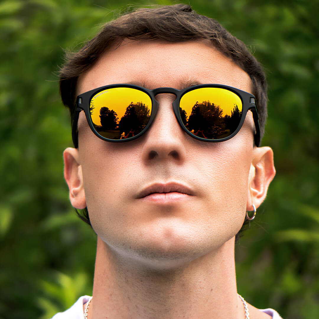 lentes anteojos de sol polarizados redondos de acetato para hombre y mujer color negro cristal amarillos espejado #color_rojo