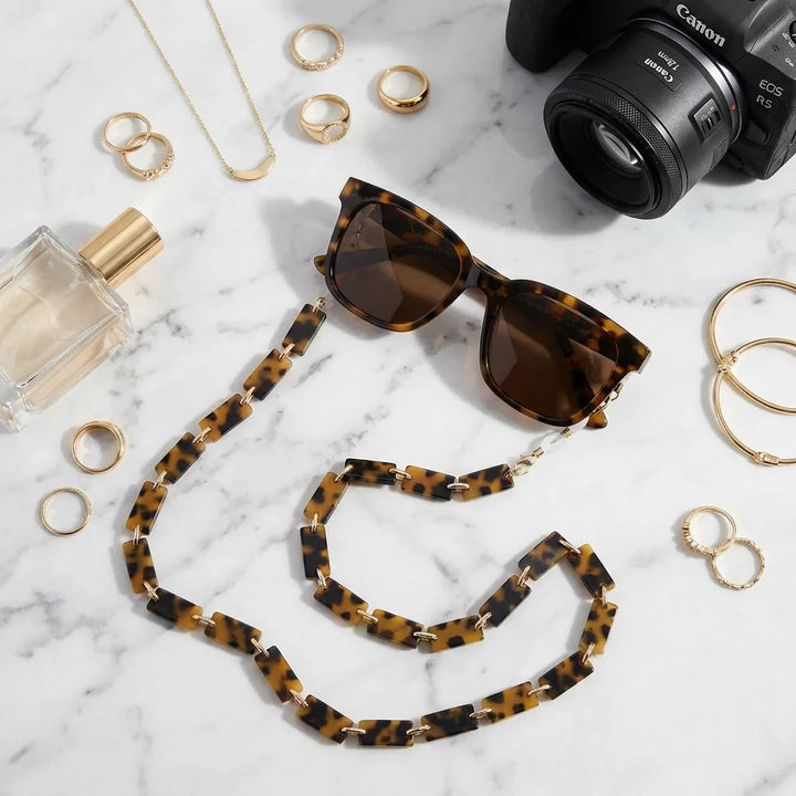 Cadena acetate recycled for lenses flat lay accesorios moda mármol bonoboss