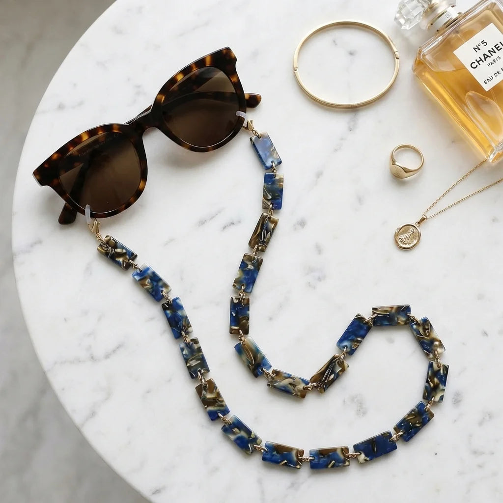 Cadena acetate recycled for lenses blue flat lay accesorios moda mármol bonoboss #color_azul