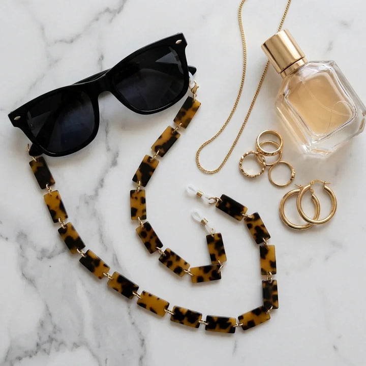 Cadena acetate recycled for lenses tortoise flat lay accesorios moda mármol bonoboss #color_carey